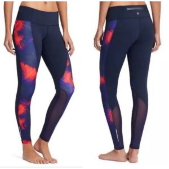 Athleta Leggings Womens Large Navy Electro Stretch Mesh Panels Workout Gym Yoga